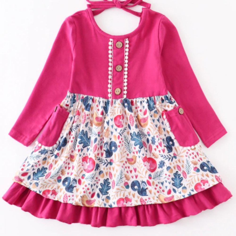 Boutique Woodland Creatures Fox Squirrel Girls Long Sleeve Dress